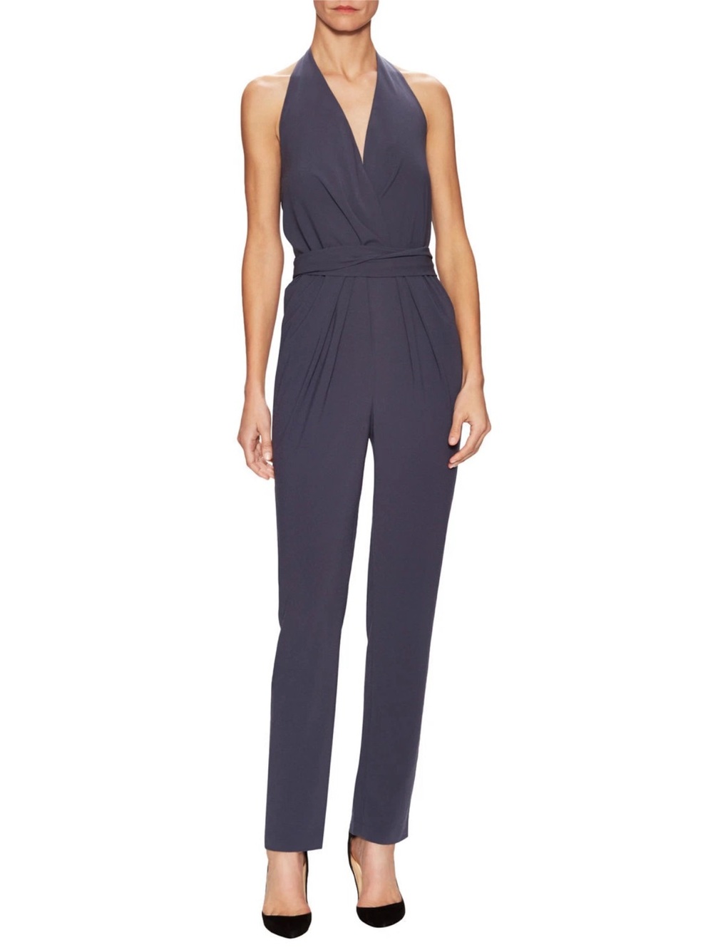 Halston Heritage Halter Self-Tie Jumpsuit Size 4 Dark Gray FLAW Pin Marks